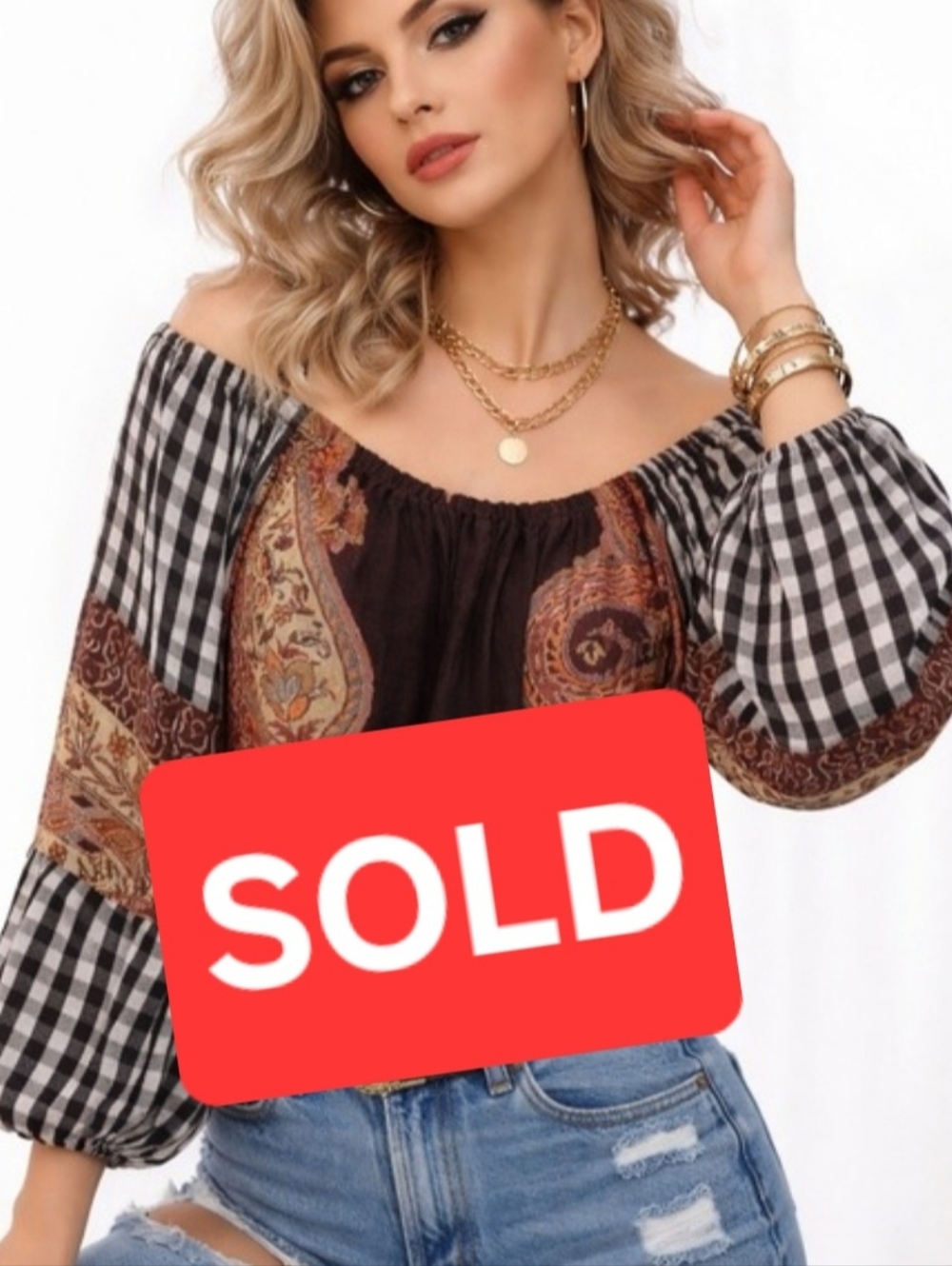 🚫SOLD 4/12 Listed 3/31🚫 Avani Boho Paisley Gingham Mixed Blouse Brown Sleeve